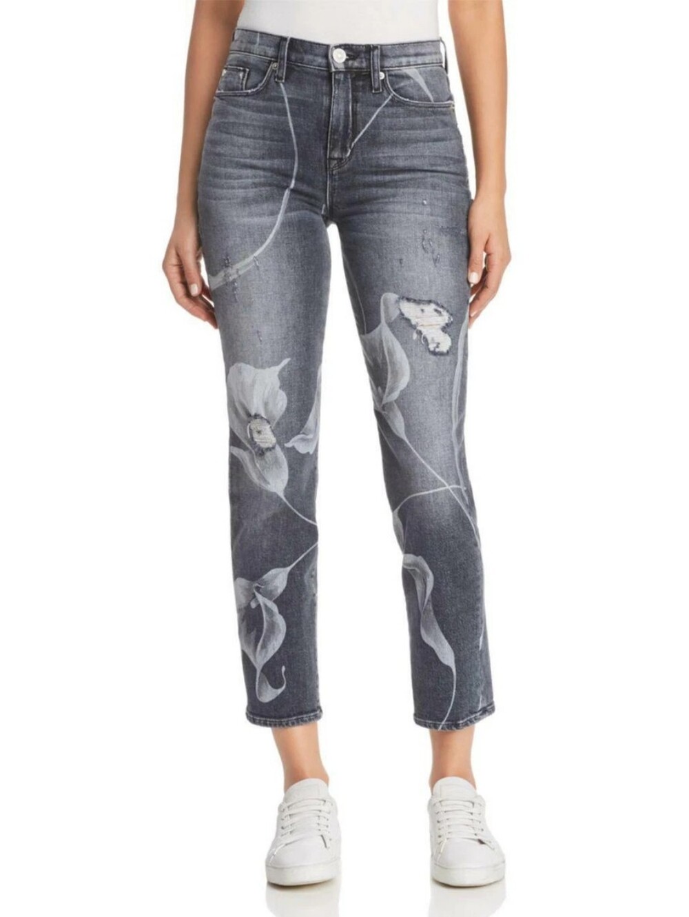 Hudson Zoeey Grey Floral Straight-Leg High Waist Cropped Jeans